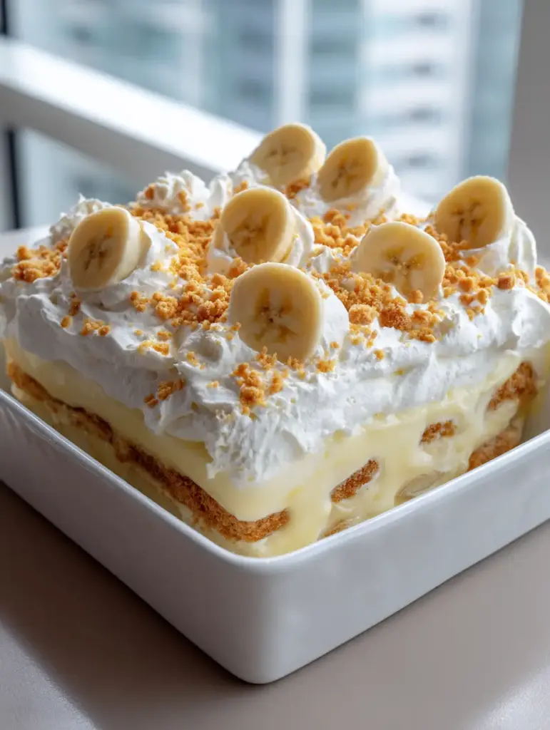 A top-down view of heavy whipped cream peaks on No-Bake Banana Pudding garnished with crumbs and banana rounds.