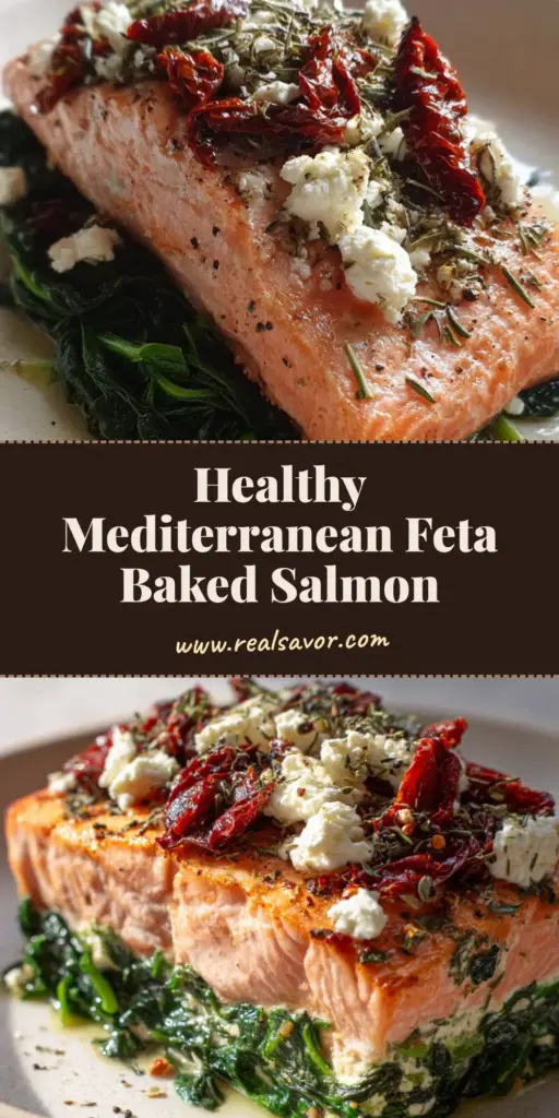 A close-up shot of Mediterranean Baked Salmon topped with sun-dried tomatoes, feta, and spinach on a white plate.