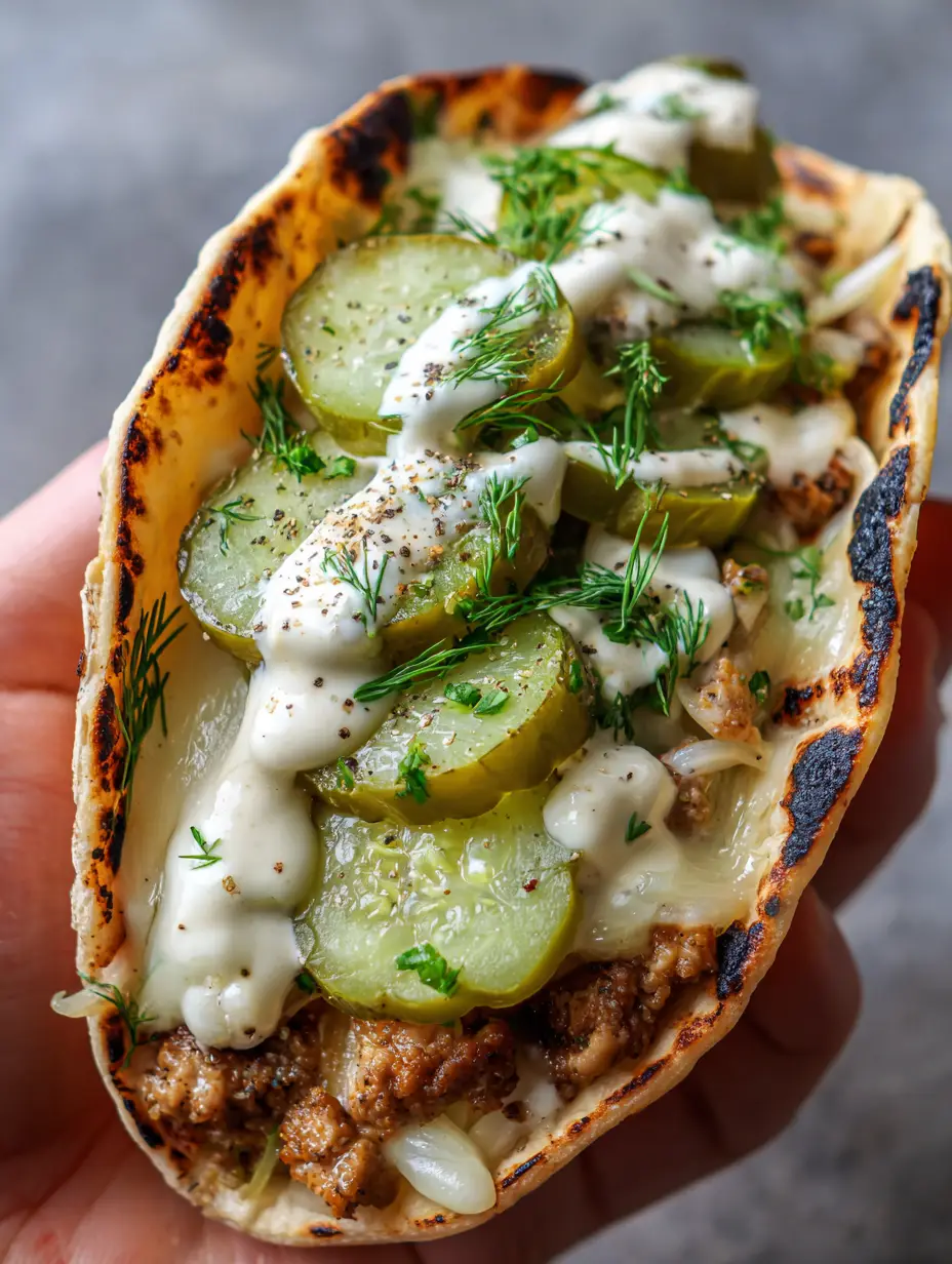 Close up of Dill Pickle Ranch Smash Chicken Tacos with melted cheese and fresh dill garnish. (Dill Pickle Ranch Smash Chicken Tacos)
