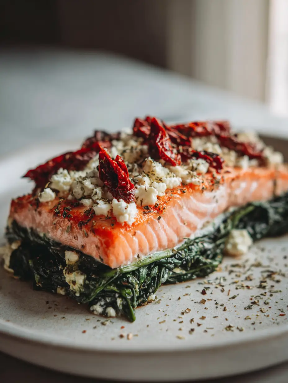 High-angle shot of a thick rectangular Mediterranean Baked Salmon fillet with flaky pink texture and seared edges.