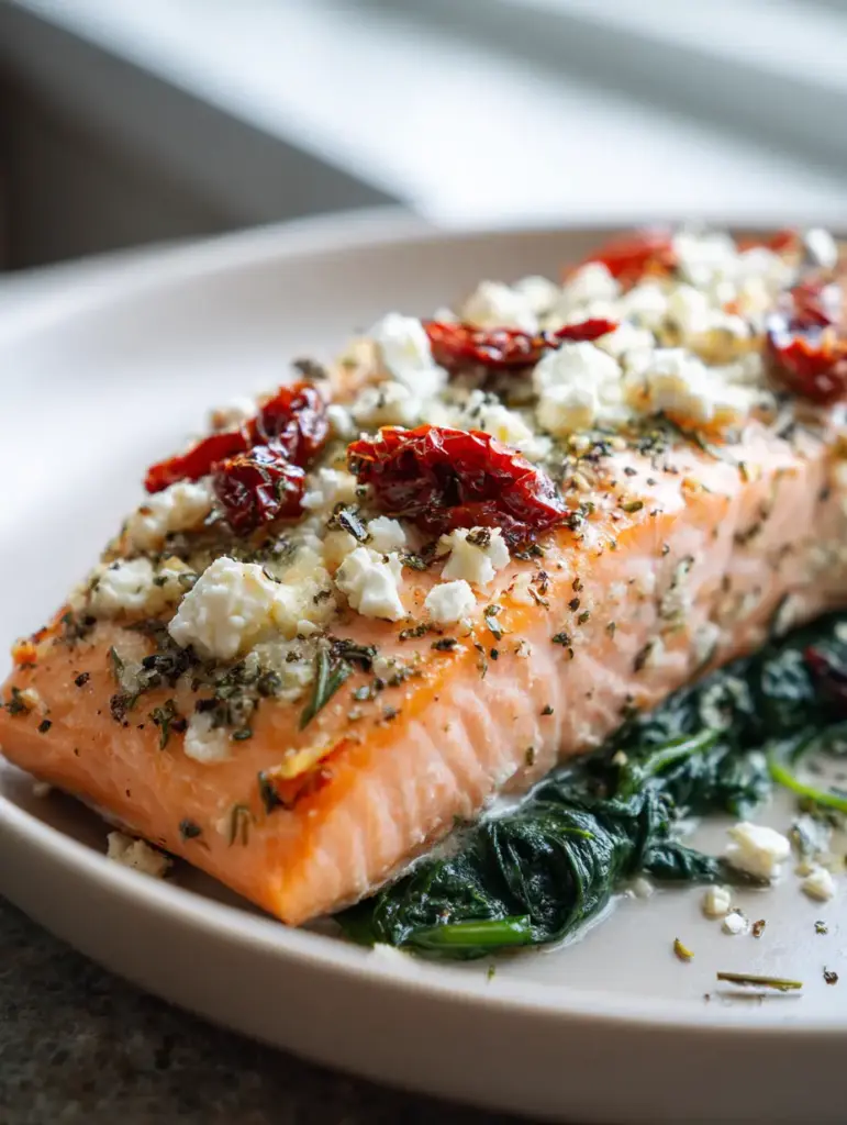 Mediterranean Baked Salmon layered with wilted spinach, sun-dried tomatoes, and chunks of white feta cheese.