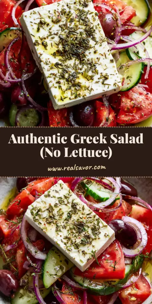 A top-down view of an Authentic Greek Salad in a rustic bowl with a solid block of feta and oregano.