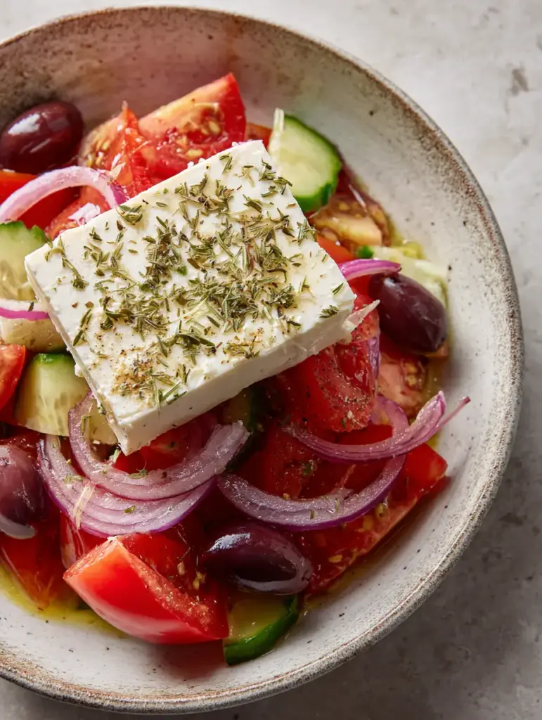 Close-up of vibrant red tomato wedges and thick cucumber slices in an Authentic Greek Salad.