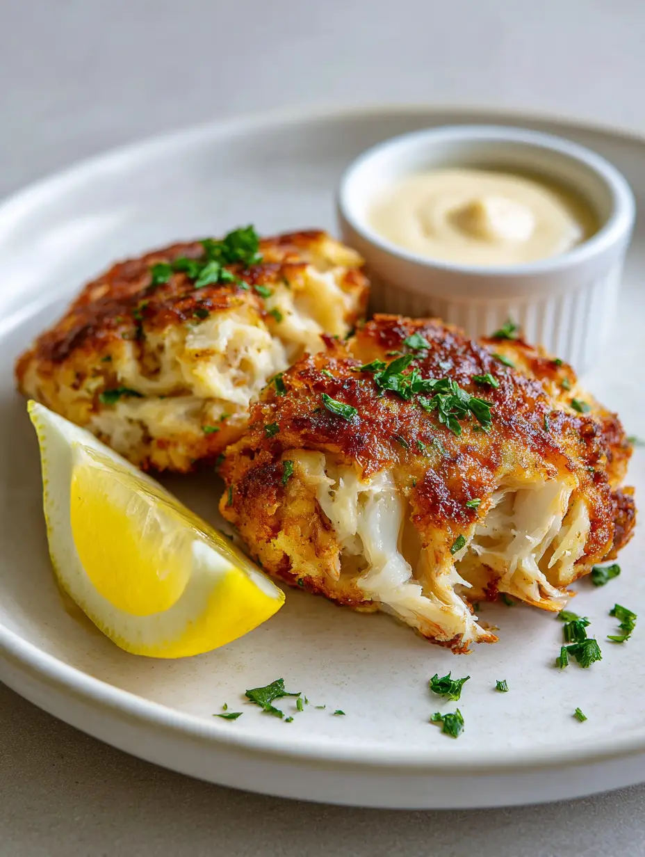 Close-up of jumbo lump white crab meat inside a seared Old Bay Crab Cake.