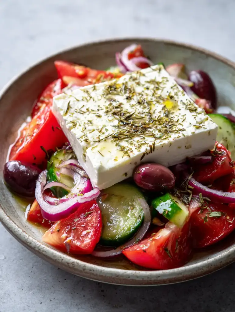 A rustic ceramic bowl containing an Authentic Greek Salad with glossy olives and thin onion rings.
