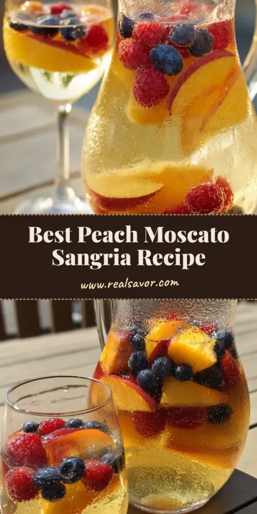 A glass pitcher of Peach Moscato Sangria with thick peach wedges and berries on a wooden table.