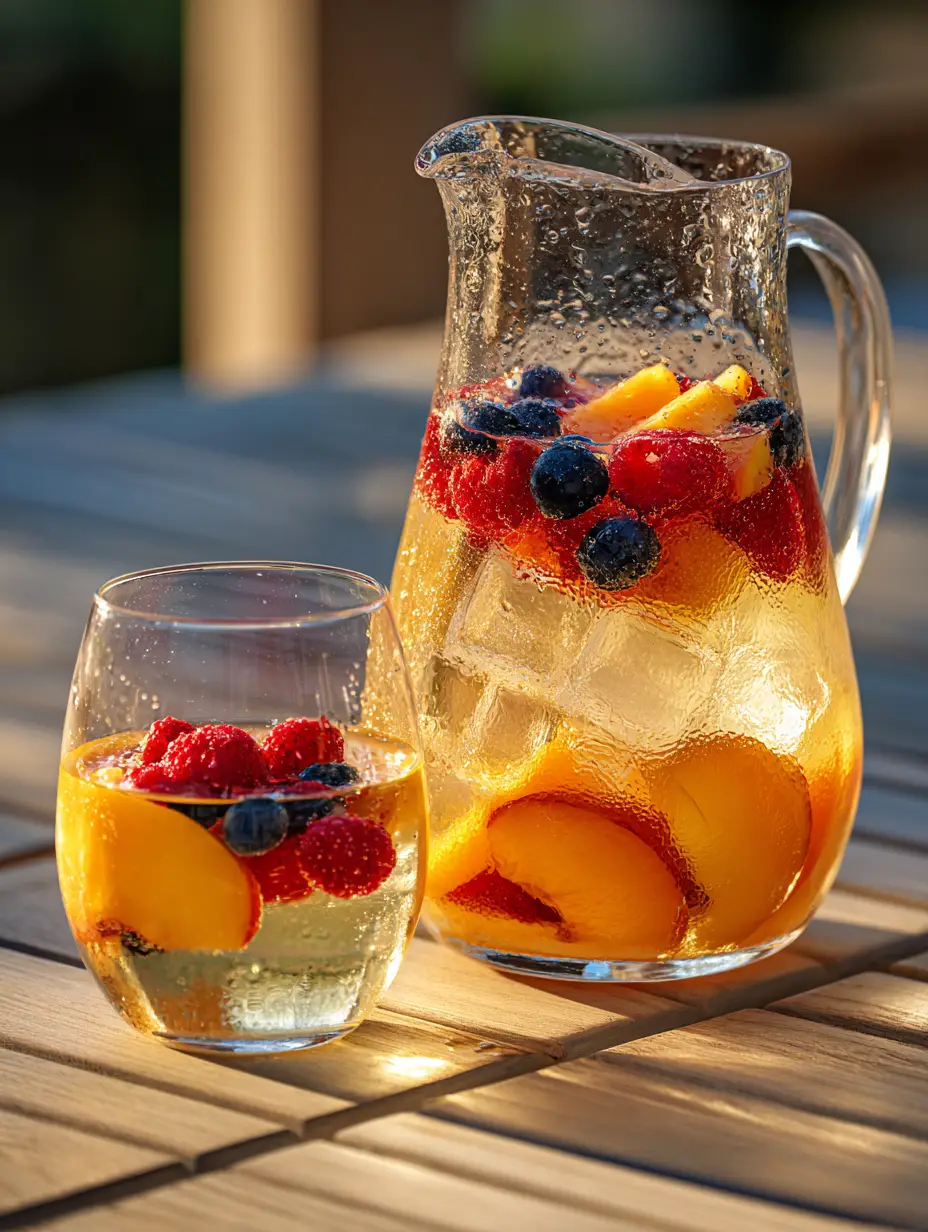 A large pitcher and stemless wine glass filled with Peach Moscato Sangria, peaches, and berries. (Peach Moscato Sangria)