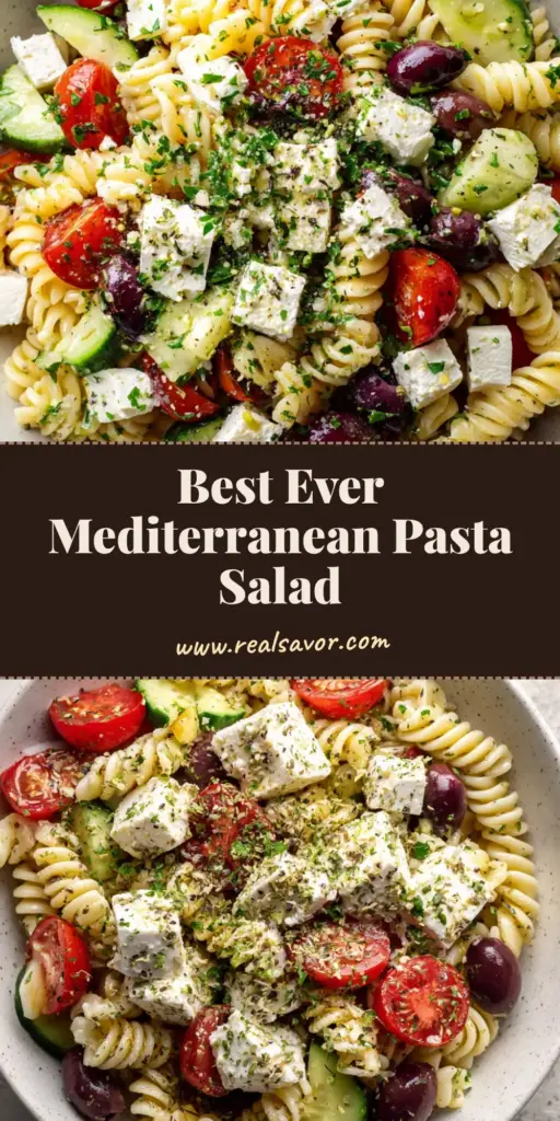 Top-down view of a Mediterranean Pasta Salad in a white bowl featuring rotini, tomatoes, cucumbers, and large chunks of feta on a grey stone counter.