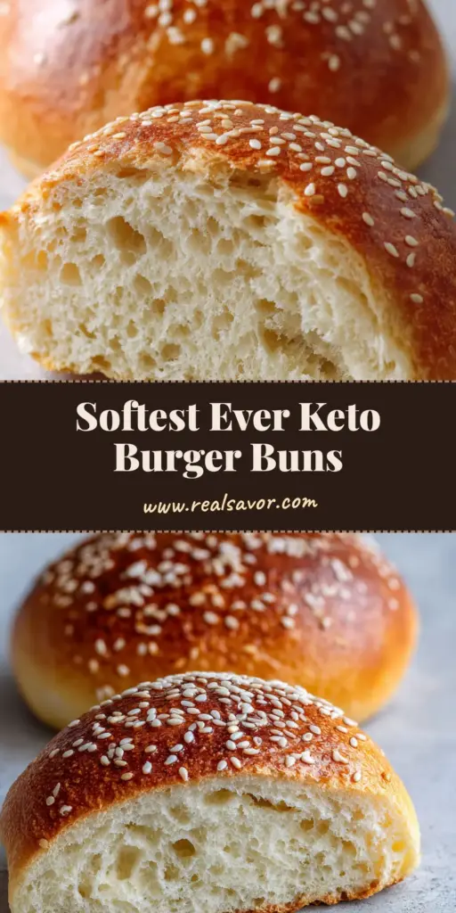 Two freshly baked Keto Burger Buns on a grey stone surface, one whole with golden crust and sesame seeds, one sliced to show airy crumb.