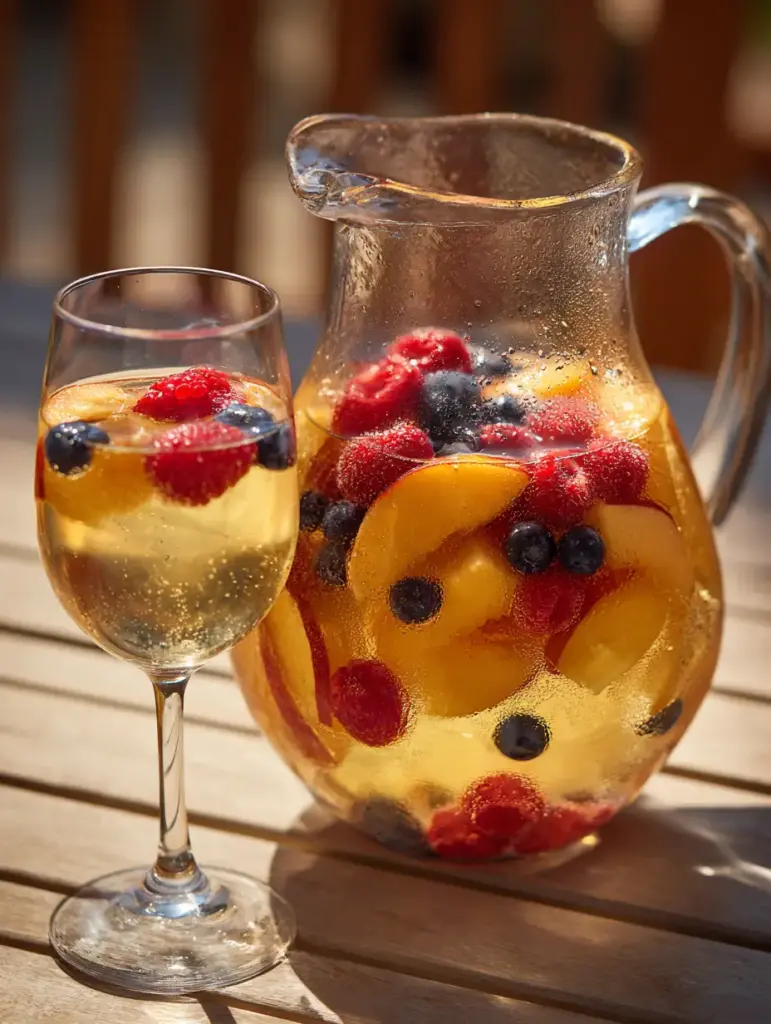 Close up of clear ice cubes and fruit in Peach Moscato Sangria with condensation on the glass.