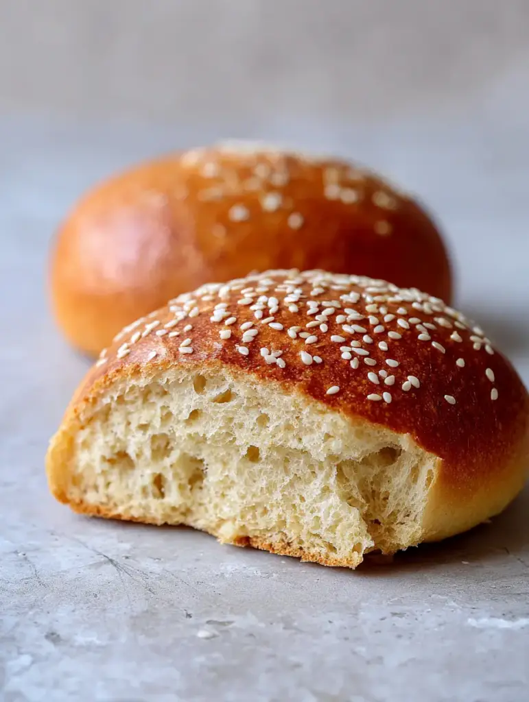 Horizontal slice of a Keto Burger Bun revealing a soft, pale, airy interior crumb with even air pockets.