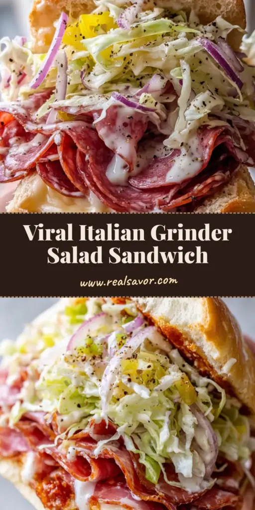 A close-up vertical shot of a loaded Viral Italian Grinder Salad Sandwich with melted cheese and creamy shredded lettuce salad. (Viral Italian Grinder Salad Sandwich)