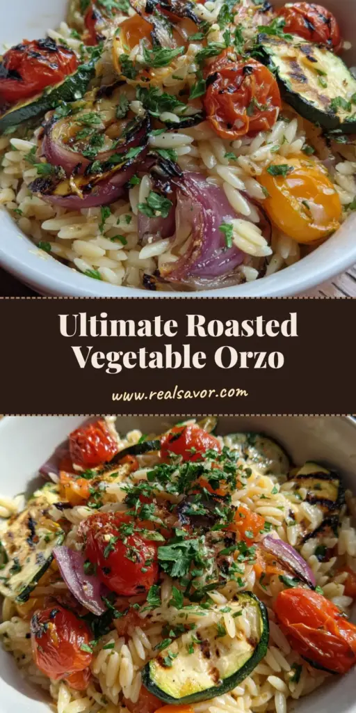 A handheld smartphone photo of a white ceramic bowl filled with Roasted Vegetable Orzo Salad on a wooden table. Features charred zucchini and burst cherry tomatoes.