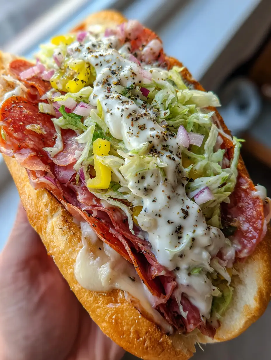 Handheld smartphone photo showing a crusty sub roll with layers of melted provolone and Italian meats. (Viral Italian Grinder Salad Sandwich)