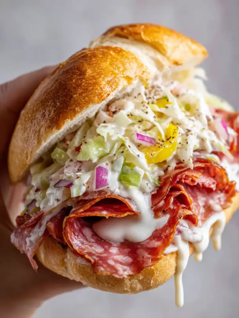 A messy and appetizing Italian Grinder Salad Sandwich with voluminous shredded lettuce and creamy herb dressing.