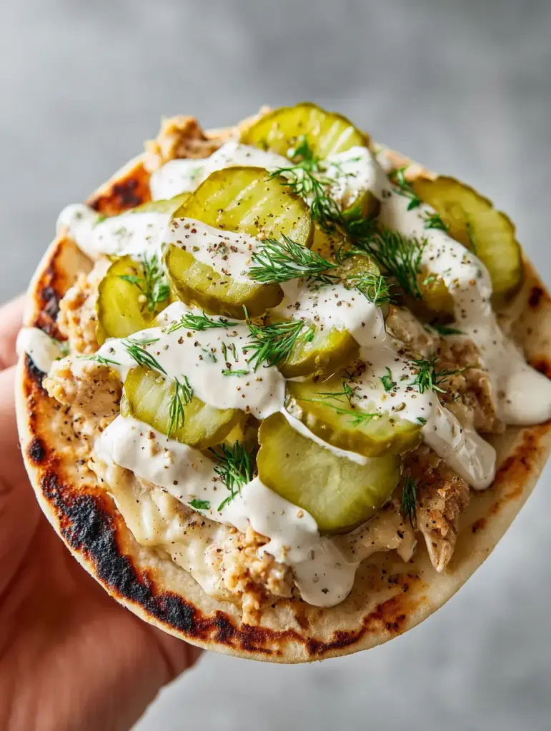 A handheld view of a Dill Pickle Ranch Smash Chicken Taco with crinkle-cut pickles and zig-zag ranch dressing.