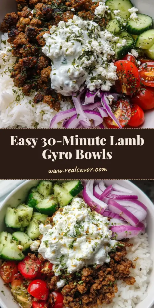 A top-down view of a Greek Lamb Gyro Bowl in a white ceramic bowl featuring charred ground lamb, fluffy rice, and fresh vegetables.