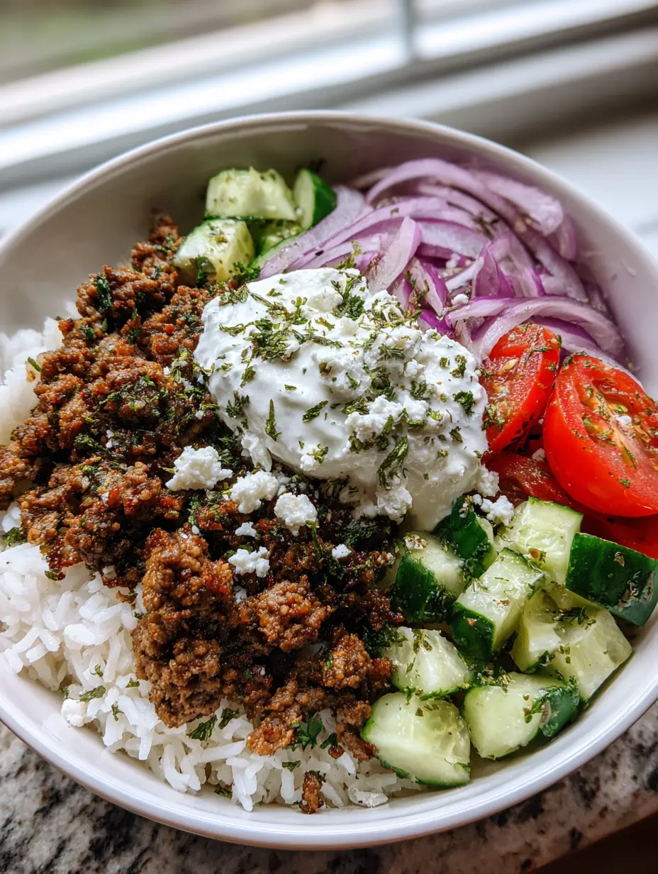 Close up photo of Greek Lamb Gyro Bowls showing charred ground lamb edges and fluffy individual grains of rice.