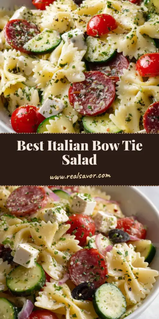 A top-down view of a vibrant Italian Bow Tie Pasta Salad in a white bowl, showing al dente farfalle, halved cherry tomatoes, and glossy salami rounds.