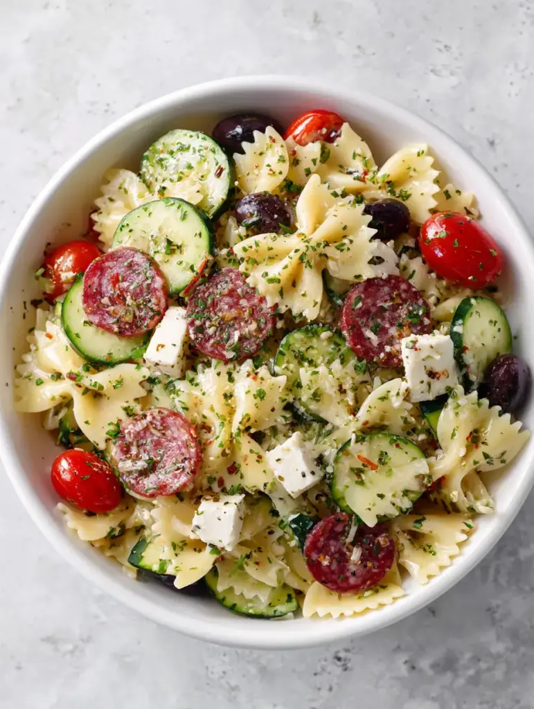 Close-up of Italian Bow Tie Pasta Salad with glistening herb-flecked dressing and cubes of mozzarella cheese in a ceramic bowl.