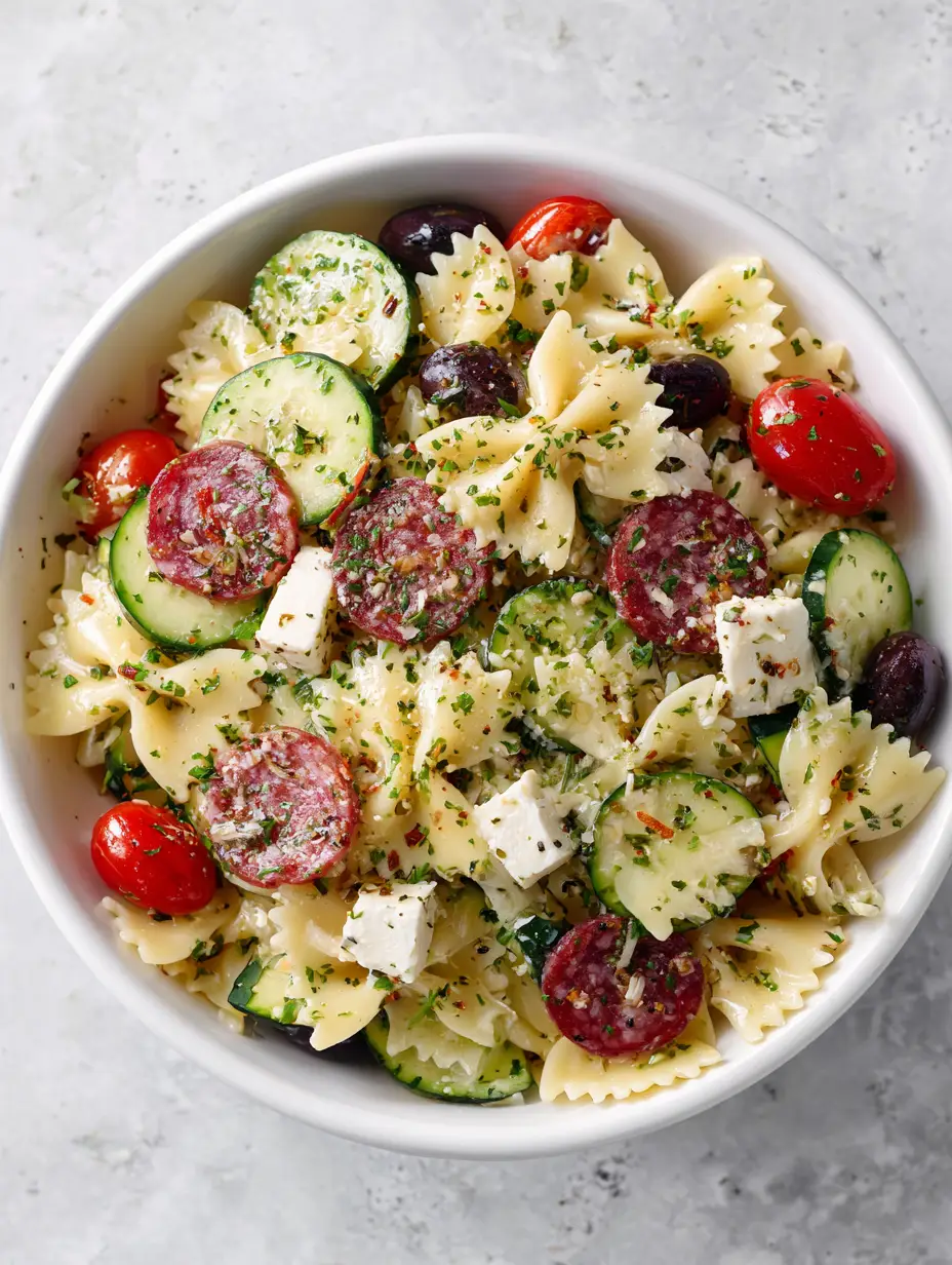 Close-up of Italian Bow Tie Pasta Salad with glistening herb-flecked dressing and cubes of mozzarella cheese in a ceramic bowl.