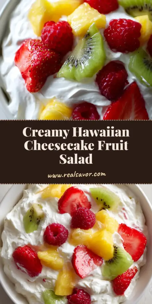 A close-up, top-down view of Hawaiian Cheesecake Salad in a white ceramic bowl showing fluffy cream and vibrant fruit.