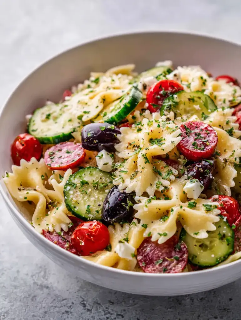 A wide shot of the finished Italian Bow Tie Pasta Salad showcasing the green-skinned cucumber slices and dark black olive rings.