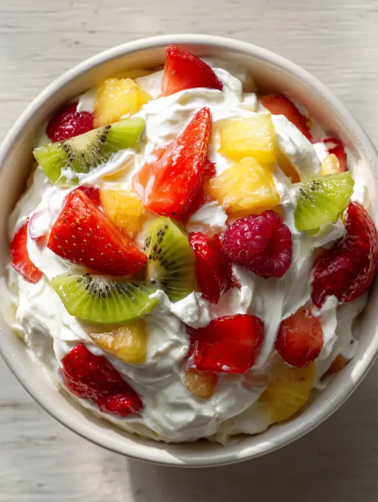 Top-down view of a thick, fluffy white cheesecake whipped cream base with vibrant strawberry slices and kiwi. (Hawaiian Cheesecake Salad)