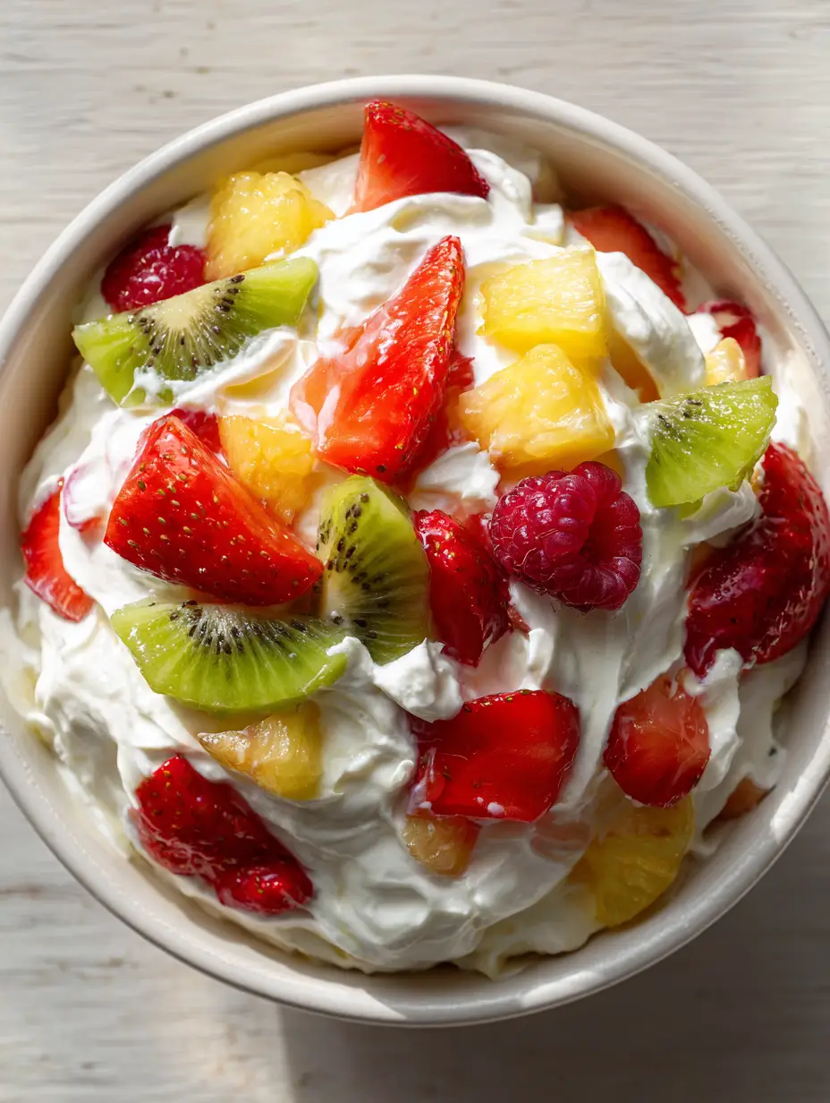 Top-down view of a thick, fluffy white cheesecake whipped cream base with vibrant strawberry slices and kiwi. (Hawaiian Cheesecake Salad)