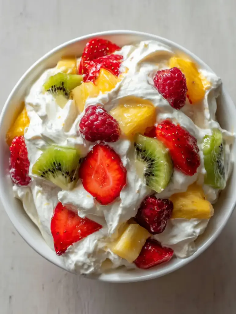 A close-up showing the glistening texture of pineapple, raspberries, and kiwi segments in a creamy white base. (Hawaiian Cheesecake Salad)