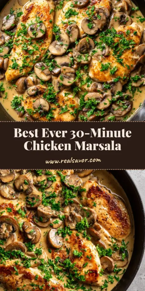 A handheld smartphone photo of authentic Chicken Marsala in a black cast iron skillet featuring golden-brown chicken and cremini mushrooms.