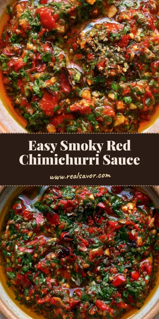 A top-down view of a rustic ceramic bowl filled with vibrant chunky Smoky Red Chimichurri Sauce, showing roasted peppers and fresh herbs.