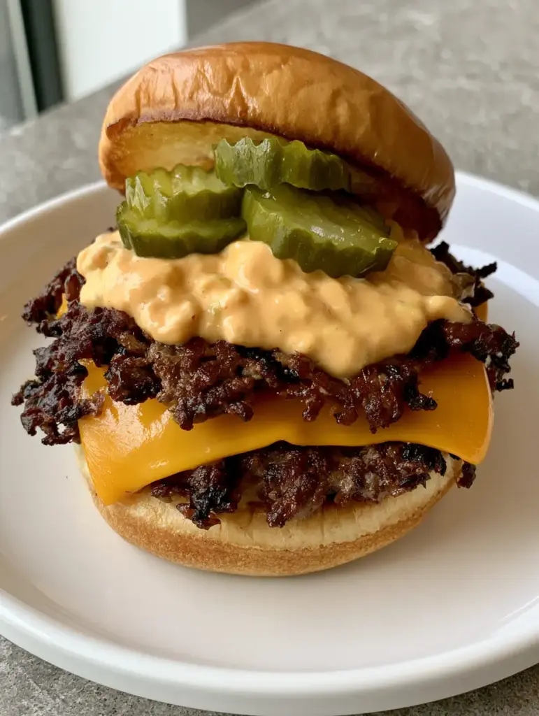 Handheld photo of a Classic Smash Burger on a white plate with a grey stone background.