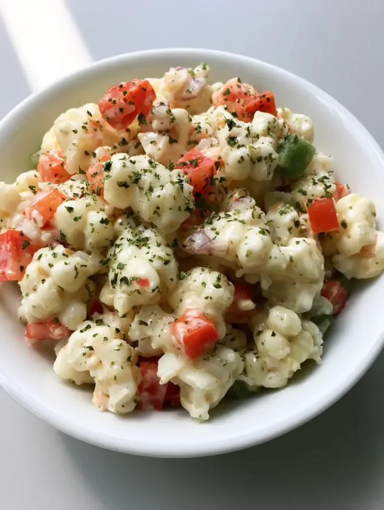Shoepeg Corn Salad served in a white ceramic bowl on a neutral grey surface. (Shoepeg Corn Salad)