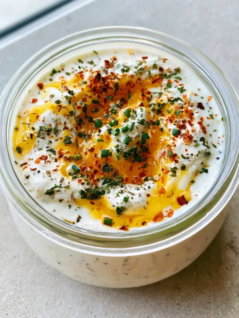 Overhead view of Cowboy Butter Ranch Dressing garnished with red pepper flakes, dried parsley, and fresh chives.