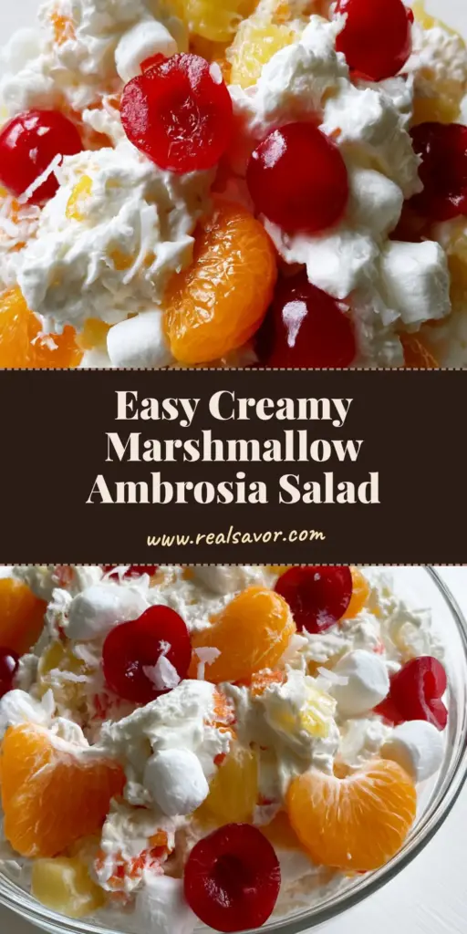 A close-up vertical shot of Ambrosia Fruit Salad in a glass bowl with visible cherries, oranges, and marshmallows, perfect for Pinterest.