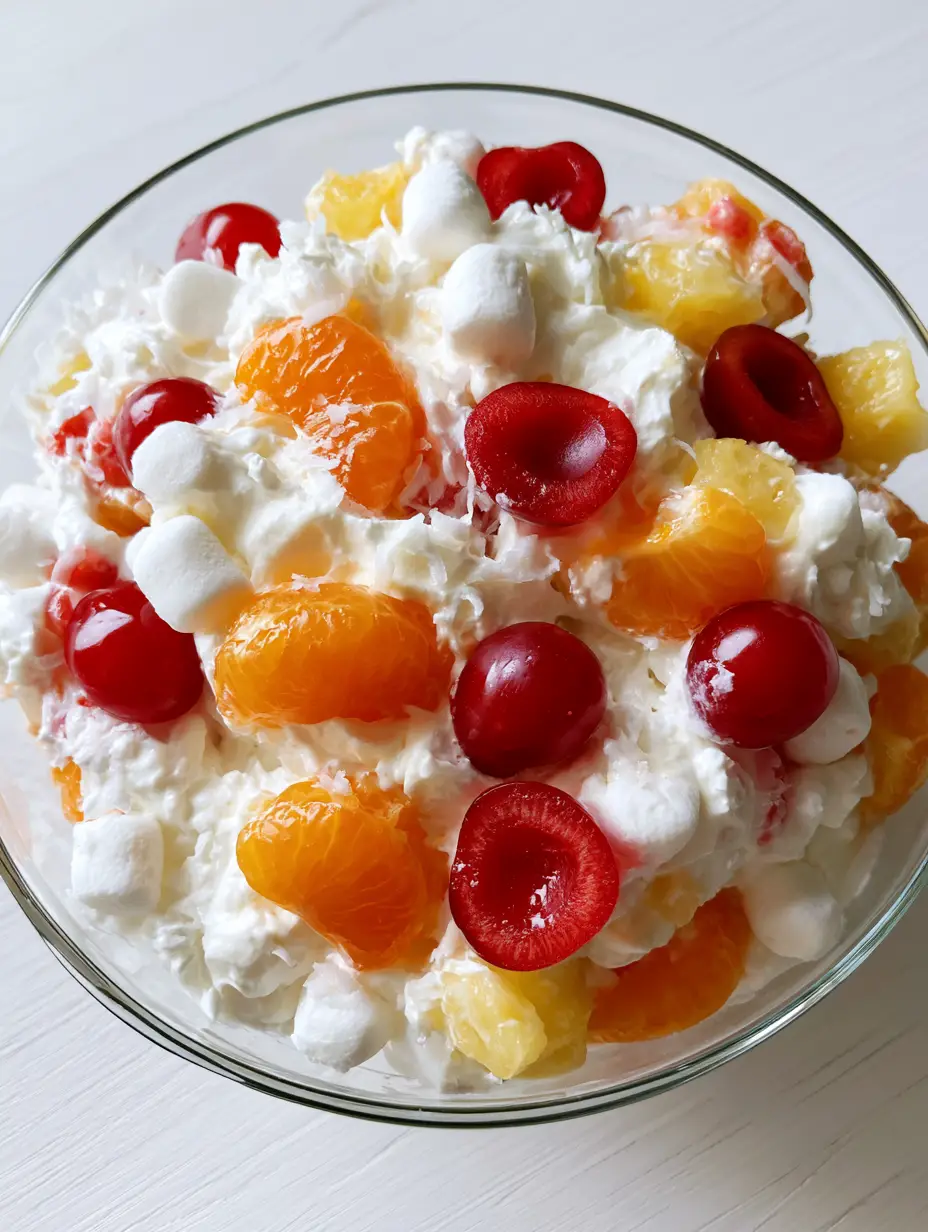 High-angle close-up of Ambrosia Fruit Salad showing the thick whipped cream base and bright red maraschino cherries.