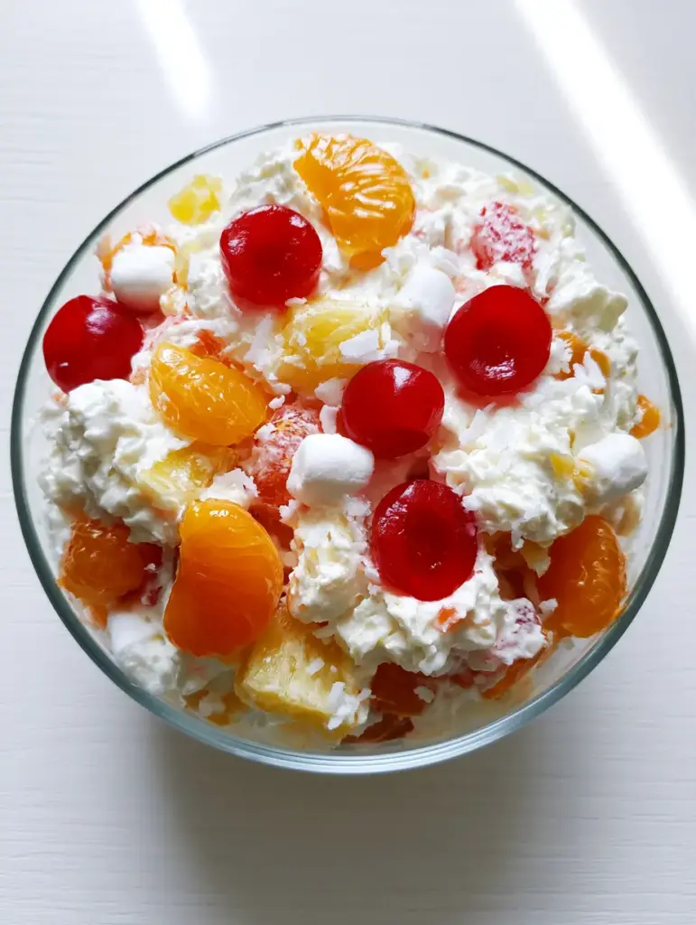Close-up of Ambrosia Fruit Salad in a glass bowl on a white wooden surface, emphasizing the coconut and marshmallows.