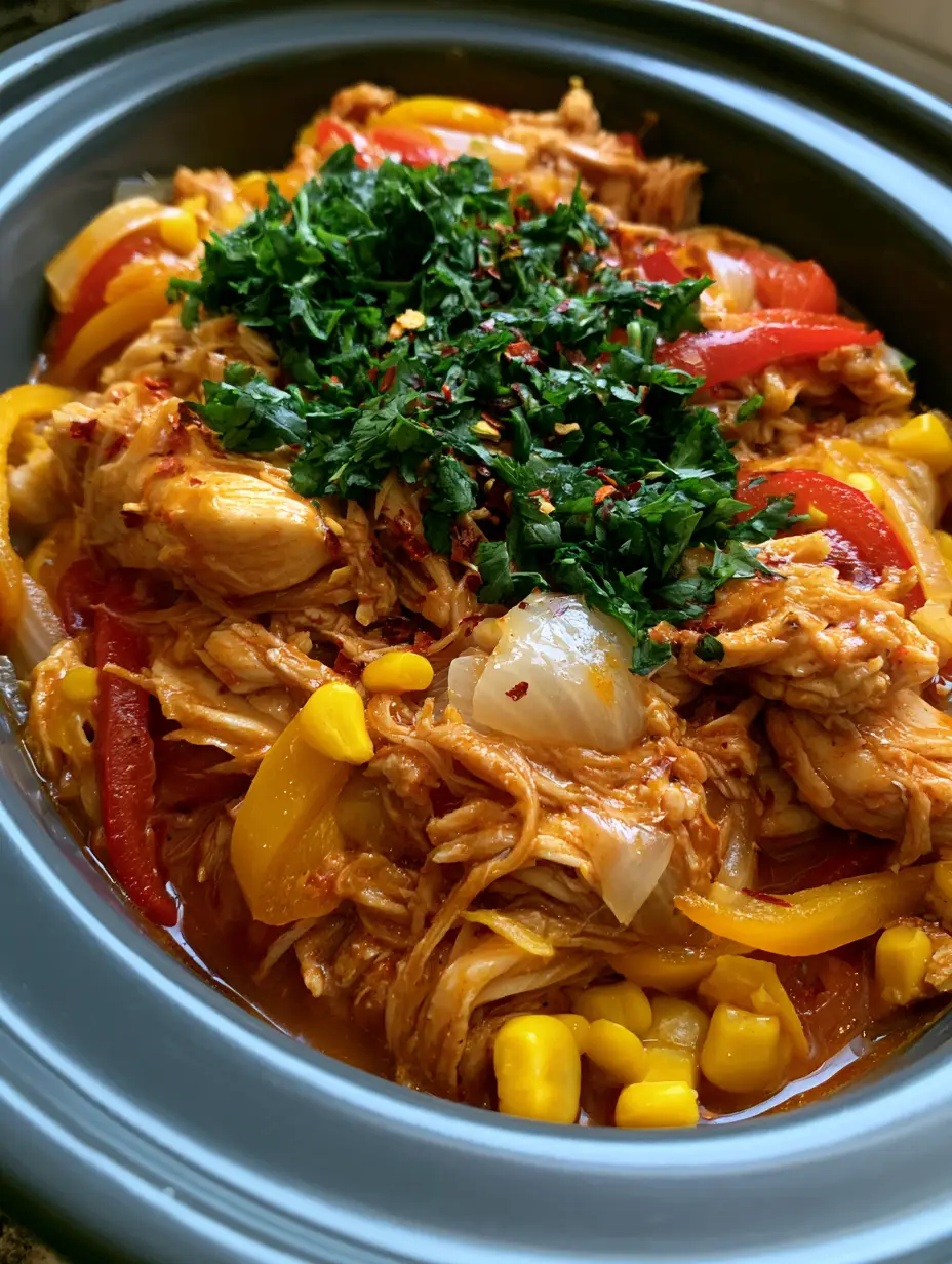 Smartphone photo of tender shredded chicken in an orange-red sauce with peppers. (Summer Crockpot Recipes)
