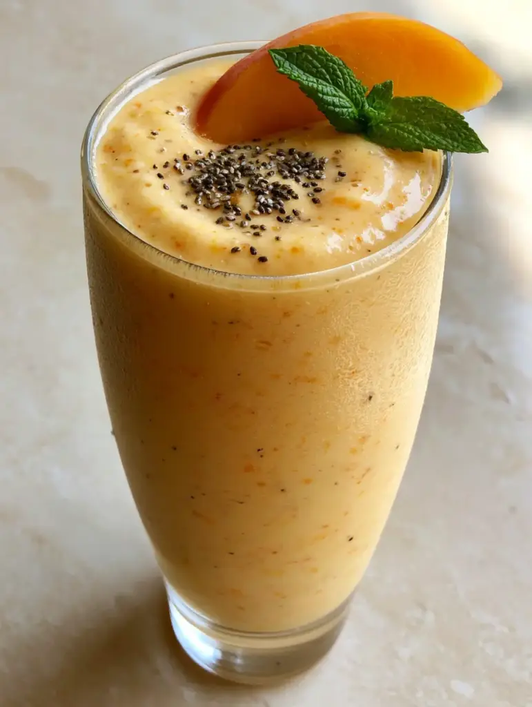 Close up of a Frozen Peach Smoothie showing texture and tiny fruit flecks with condensation on the glass.