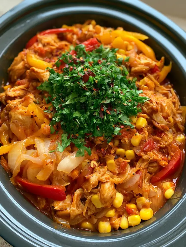 Overhead view of a ceramic crockpot filled with shredded chicken, peppers, and corn garnished with cilantro.