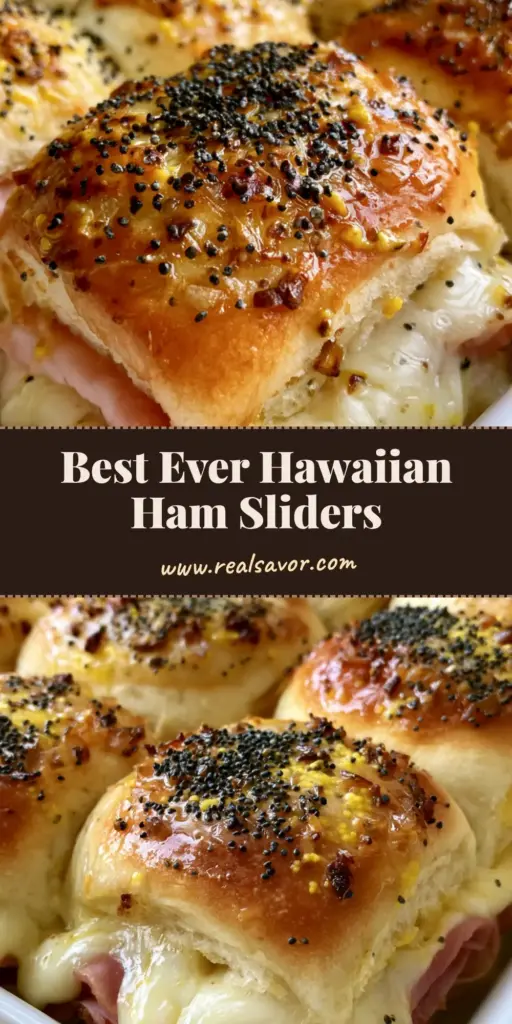 A beautiful close-up of baked Hawaiian Ham and Cheese Sliders arranged tightly inside a white ceramic baking dish, showcasing melted Swiss cheese dripping down the sides and a crispy, poppy seed-flecked glaze.
