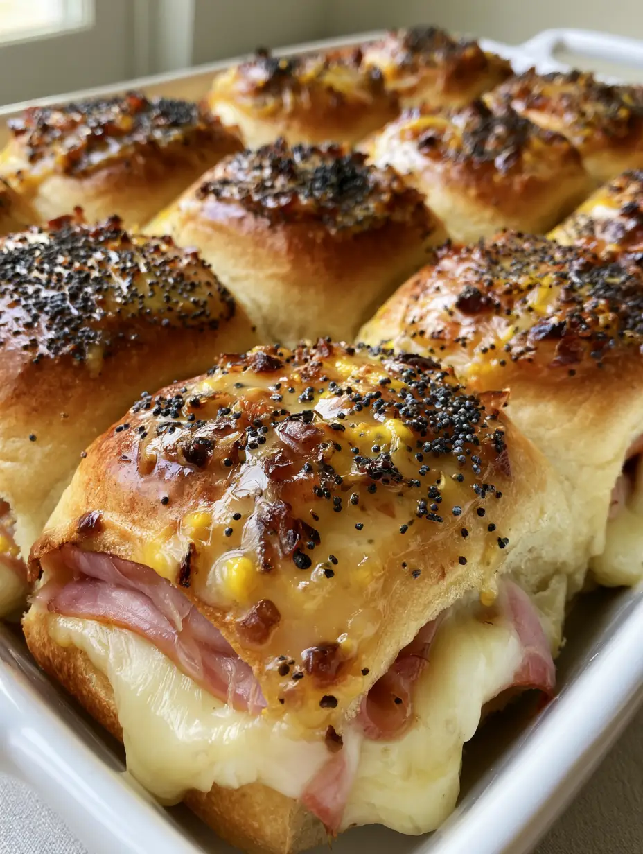 Close-up smartphone photo of golden-brown Hawaiian Ham and Cheese Sliders with a rich, glossy butter glaze containing onion bits and black poppy seeds.