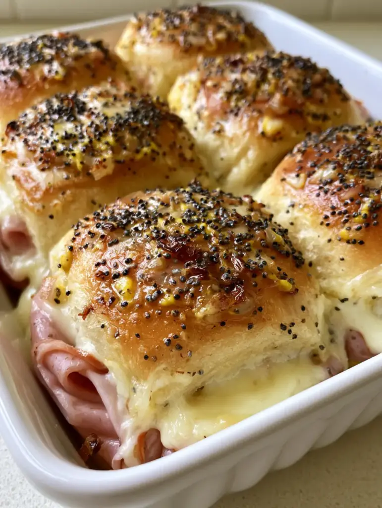 Side view of pull-apart Hawaiian Ham and Cheese Sliders baking in a white ceramic dish, featuring thick layers of folded ham and melted Swiss cheese.