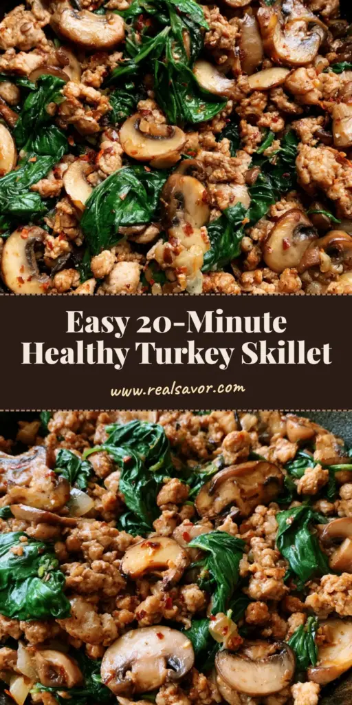 A top-down smartphone photo of a seasoned black cast iron skillet containing a Turkey Spinach Mushroom Skillet with browned turkey crumbles, soft cremini mushroom slices, and wilted spinach leaves.