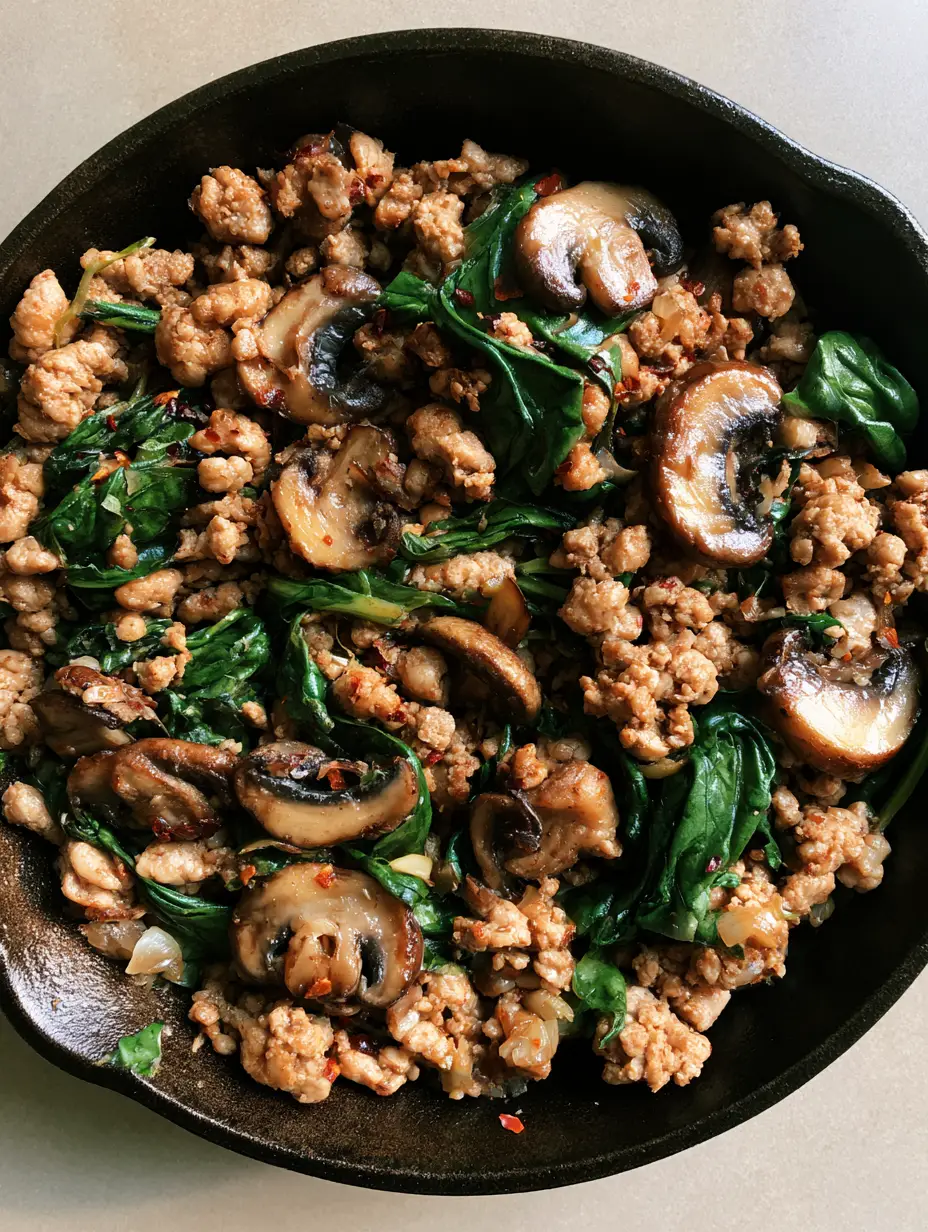 Searing ground turkey and sautéing cremini mushrooms in a black cast iron skillet for a Turkey Spinach Mushroom Skillet recipe.