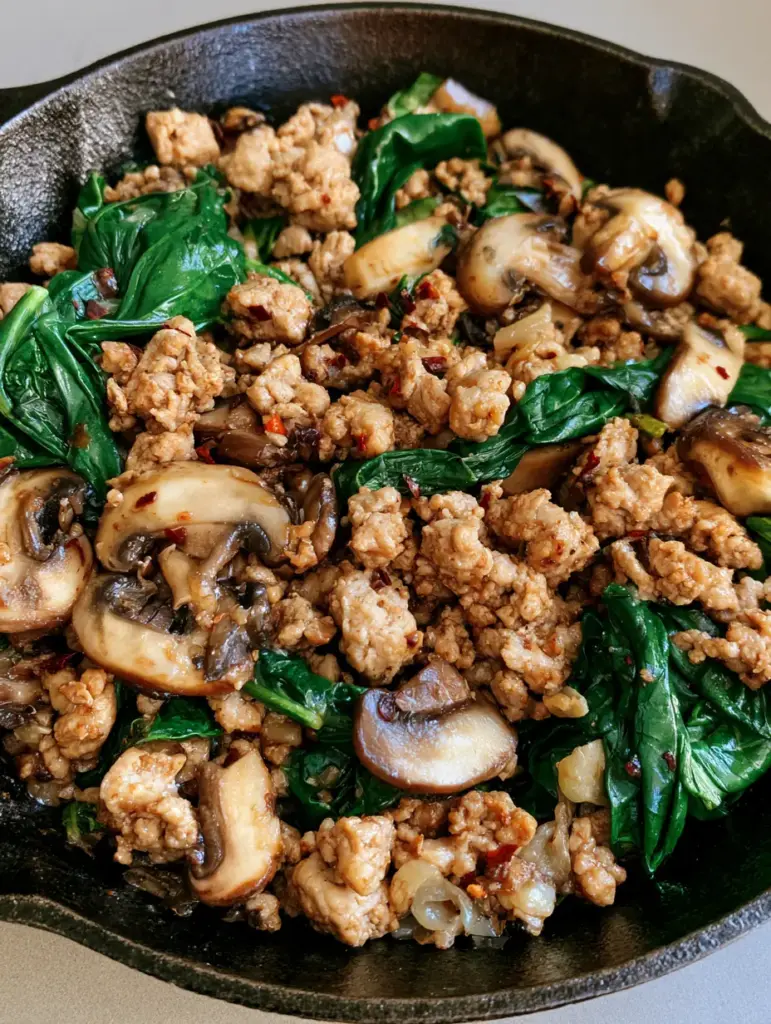 A close-up shot of the finished Turkey Spinach Mushroom Skillet showing large dark green wilted spinach leaves folded into browned turkey with translucent garlic and a moist sheen.