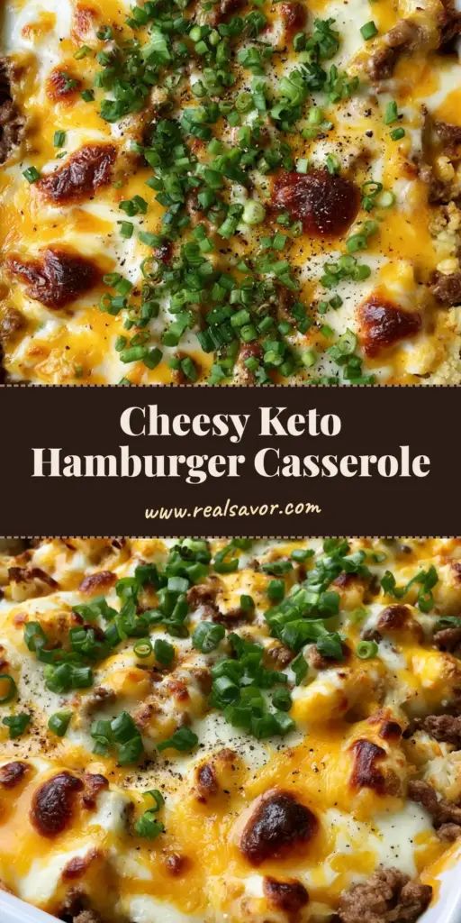 A close-up of a rectangular white ceramic baking dish containing Keto Cauliflower Hamburger Casserole with gooey melted cheese and green onion garnish.
