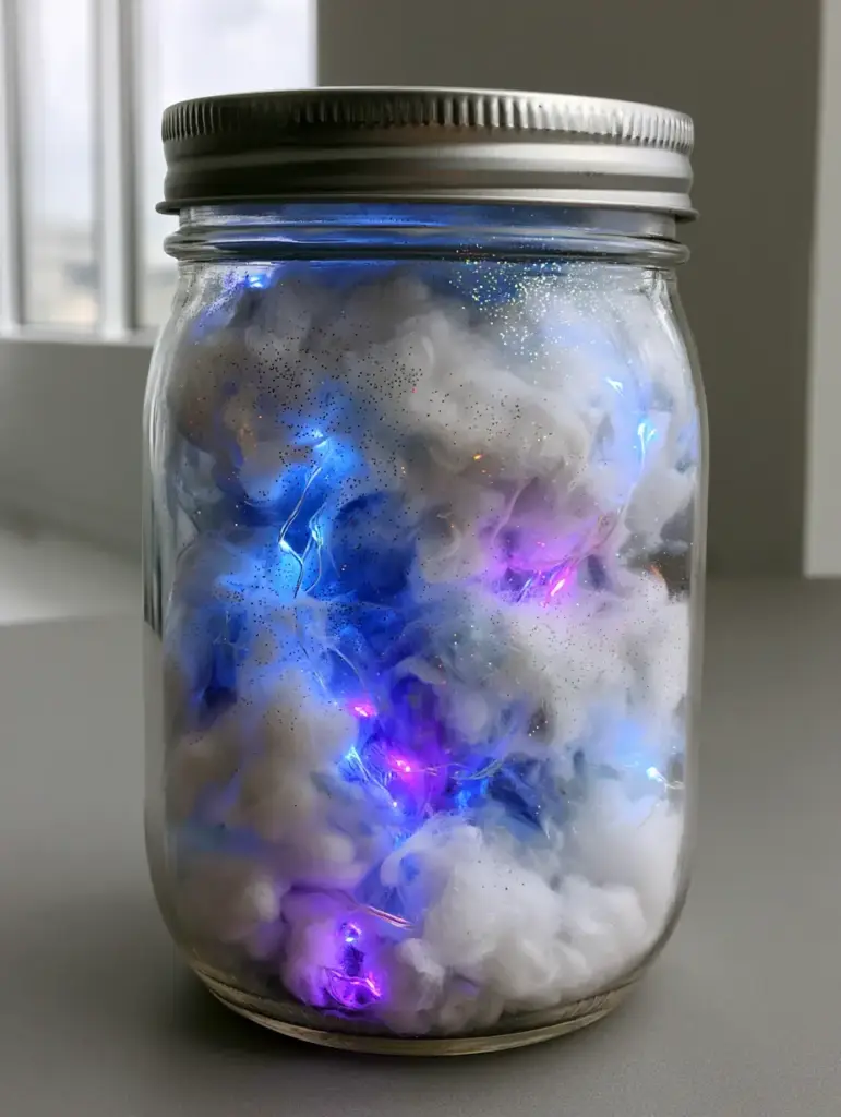 A close-up view of Electrified Thunder Glow Jars with vibrant neon blue lights diffusing through dense white cotton clouds.