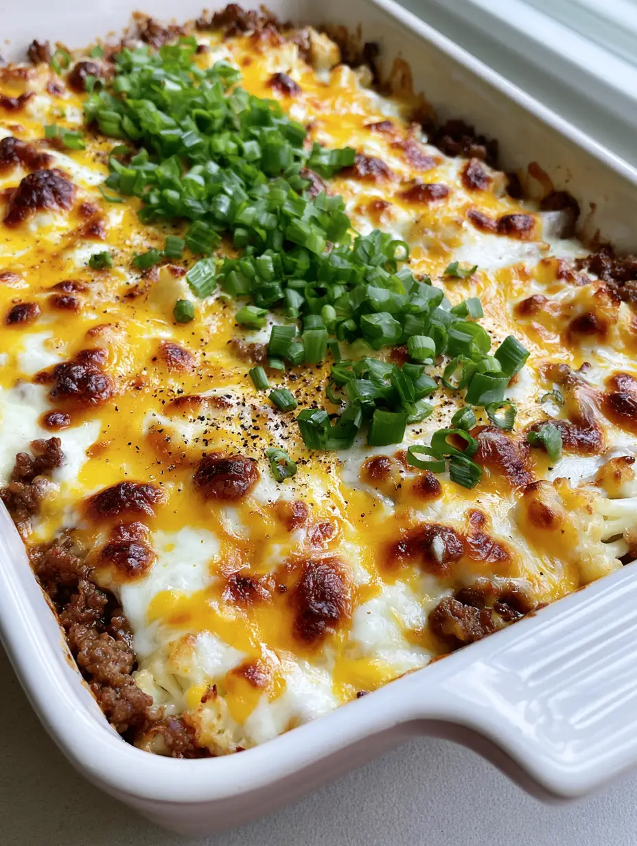 Keto Cauliflower Hamburger Casserole showing browned ground beef and cauliflower under a bubbling charred cheese crust.